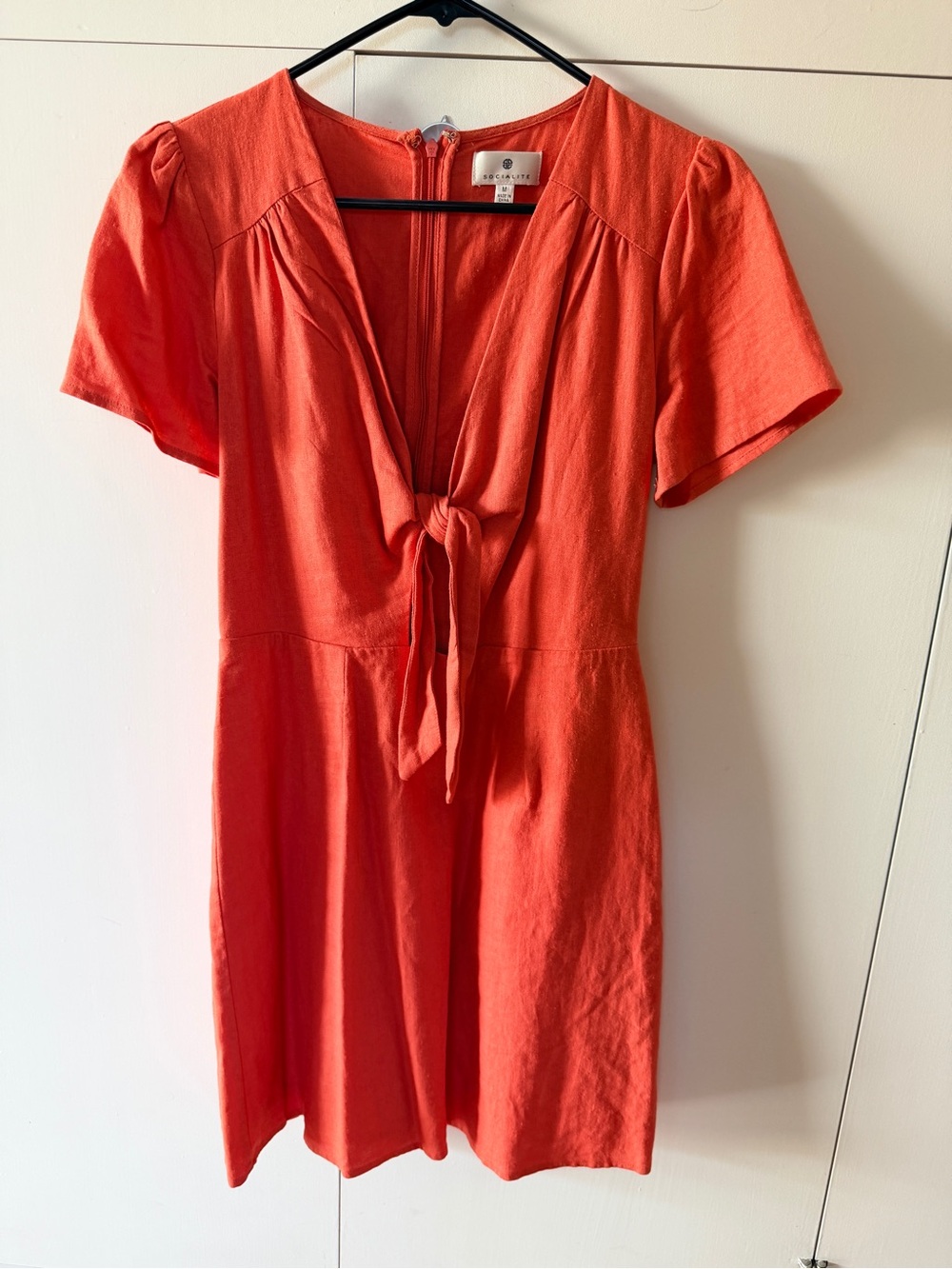 Tie-Front Coral, Linen-Blend, Short Sleeve Dress